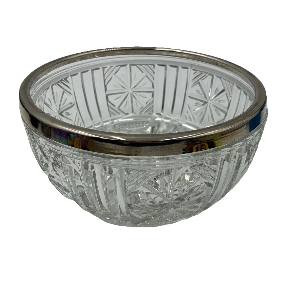 Vtg Lead Crystal Bowl Starburst Silver Plated Rim Marked Made in England Heavy